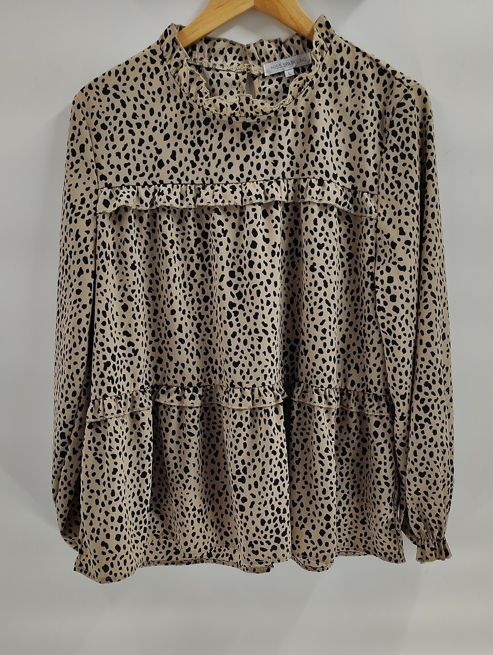Miss Sparkling Spotted Blouse Polyester Tan And Black Tiered Large